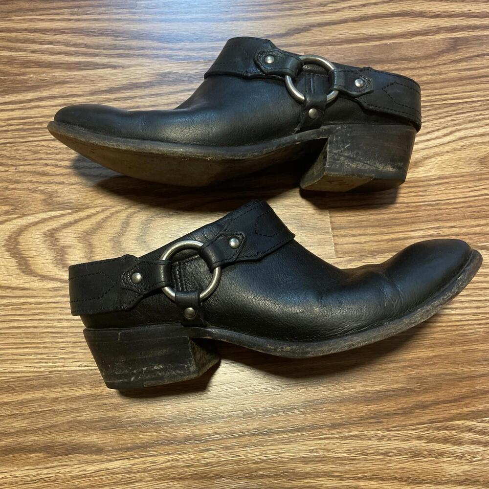 Frye Biker Women's Boots 9 B Harness Slip On Leather Black Mule Distressed Shoe